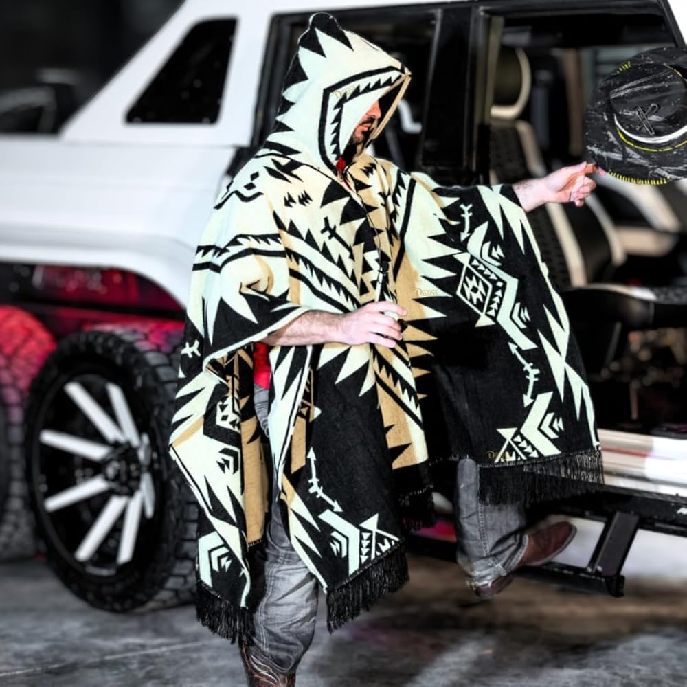 DAVLINA, ALPACA Wool Poncho Hooded and, Aztec Pattern, Unique and