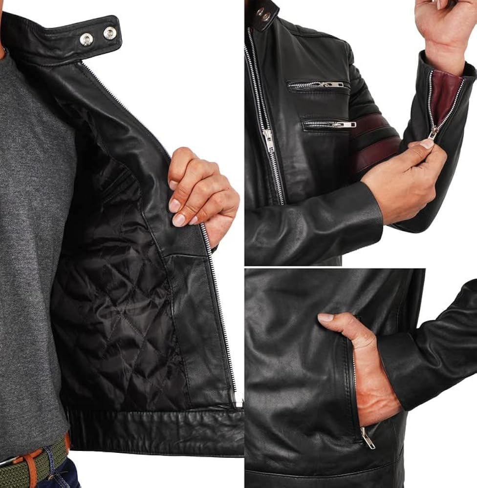 Mens Black Leather Jacket Vintage Motorcycle Red Stripes Biker