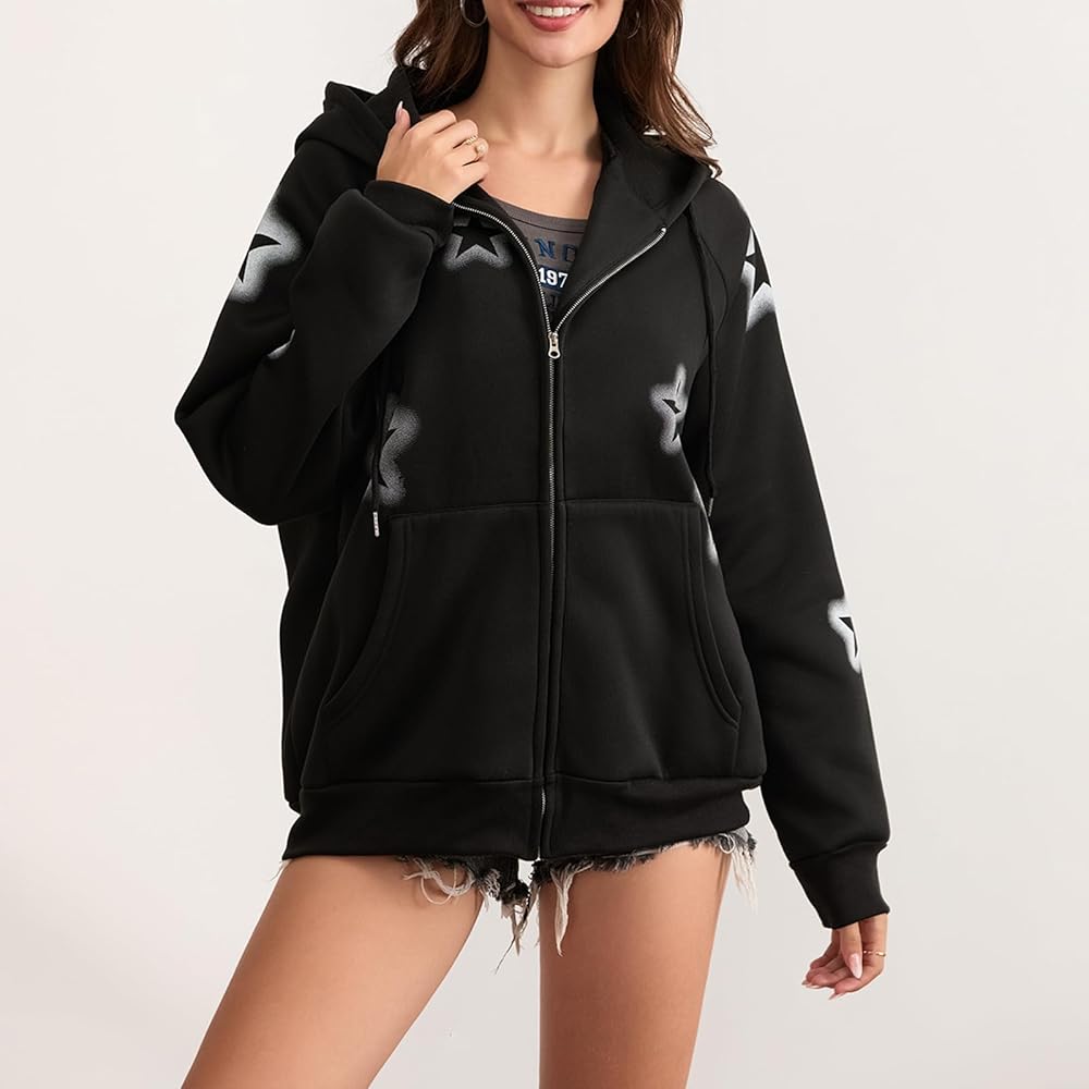 Doloame Women Zip Up Hoodies Star Graphic Print Long Sleeve
