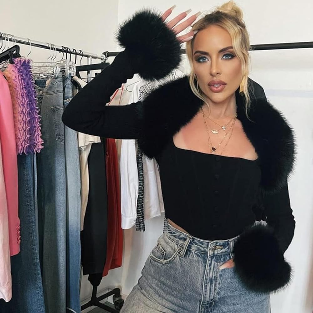 XPONNI Womens Y2k Cropped Knit Long Sleeve Fur Trim Fluffy Top Y2k