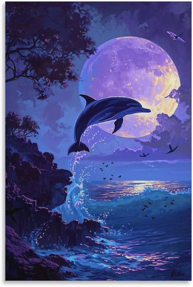 Amazon.co.jp: 絵画 夜の海から飛び出すイルカインテリア 絵画 美しい