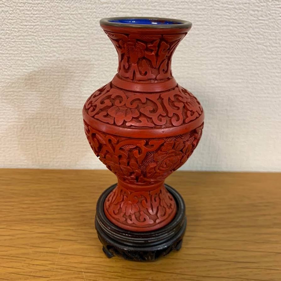 Amazon.co.jp: 32) 中国美術 堆朱 漆彫り花瓶 彫漆花瓶 堆朱 朱色の
