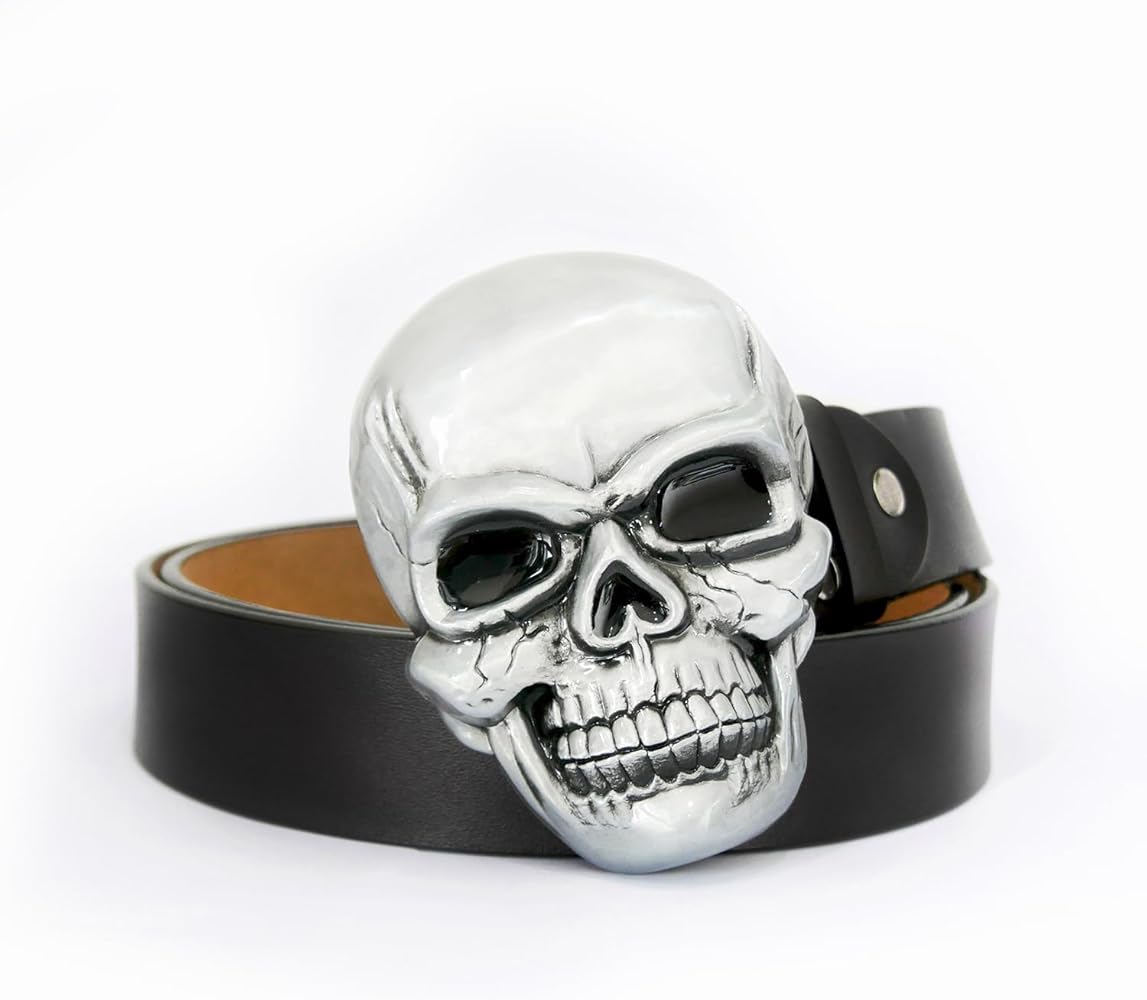 POSKLA Men's Skull Head Buckle Leather Belt Waist Band, Jeans
