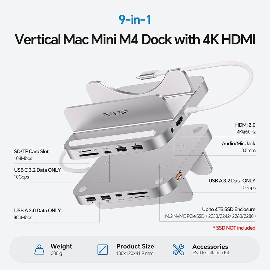 Amazon | PULWTOP 9 in 1 USB C ハブ Mac Mini M4/ M4 Pro 2024用