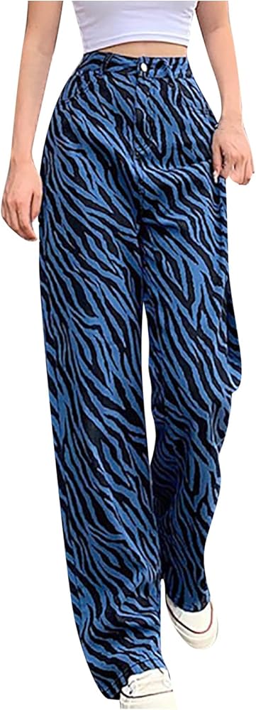 Women Loose Zebra Print Straight Leg Pencil Denim Pants High Waist