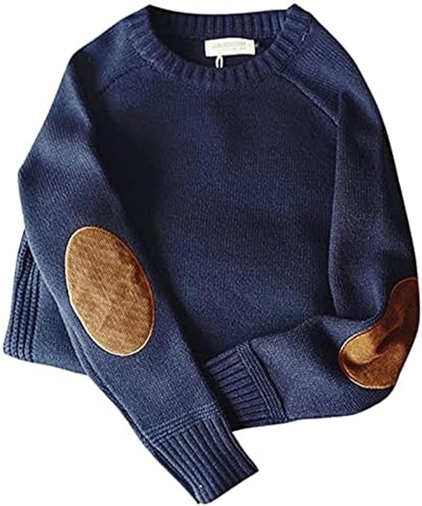 Mens Sweater with Elbow Patches, Men's Crew Neck Vintage Knitted