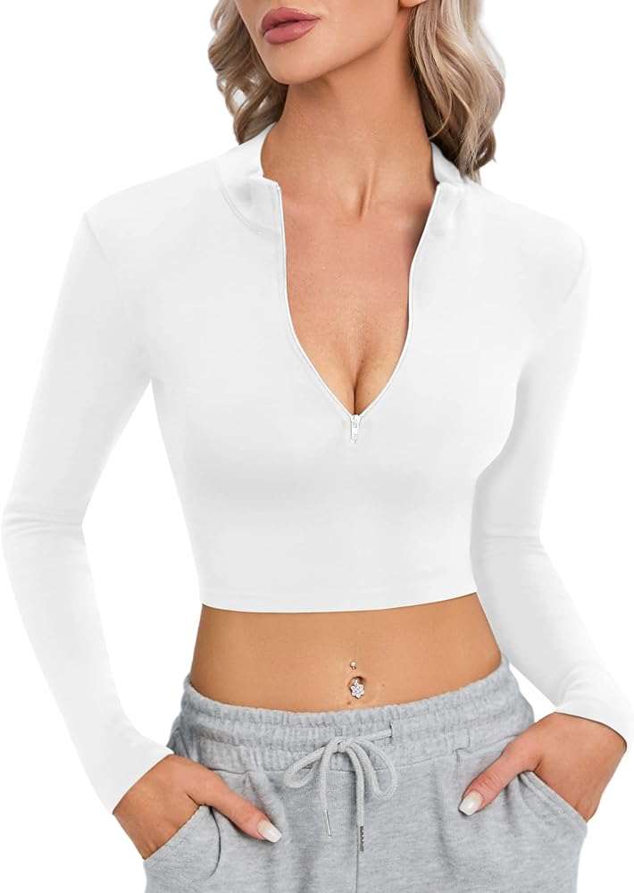 CLOZOZ Long Sleeve Crop Tops for Women Mock Turtleneck Tops Zip Up