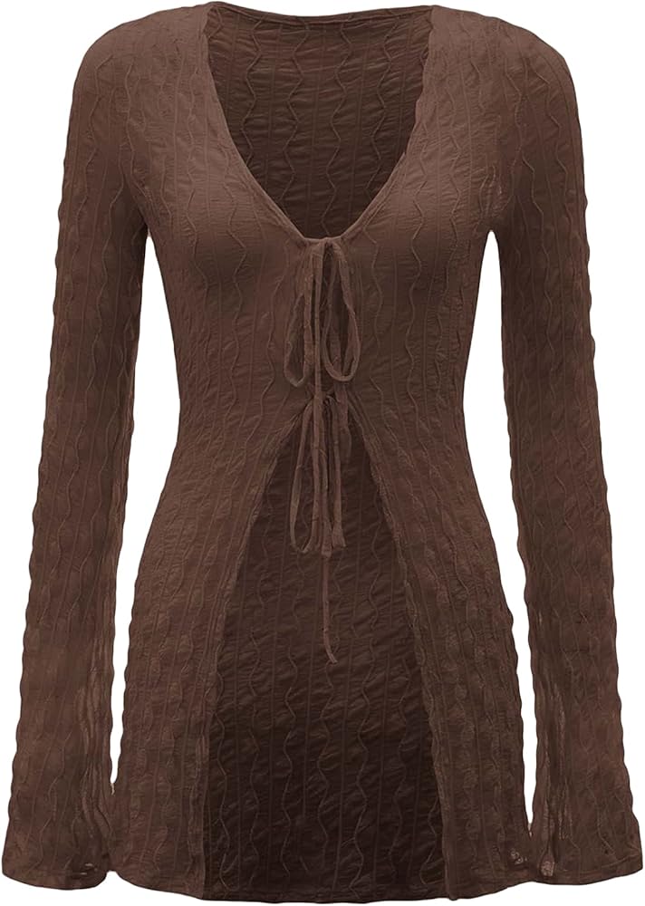Verdusa Womens Bell Long Sleeve Tops Tie Front Cardigan Sheer