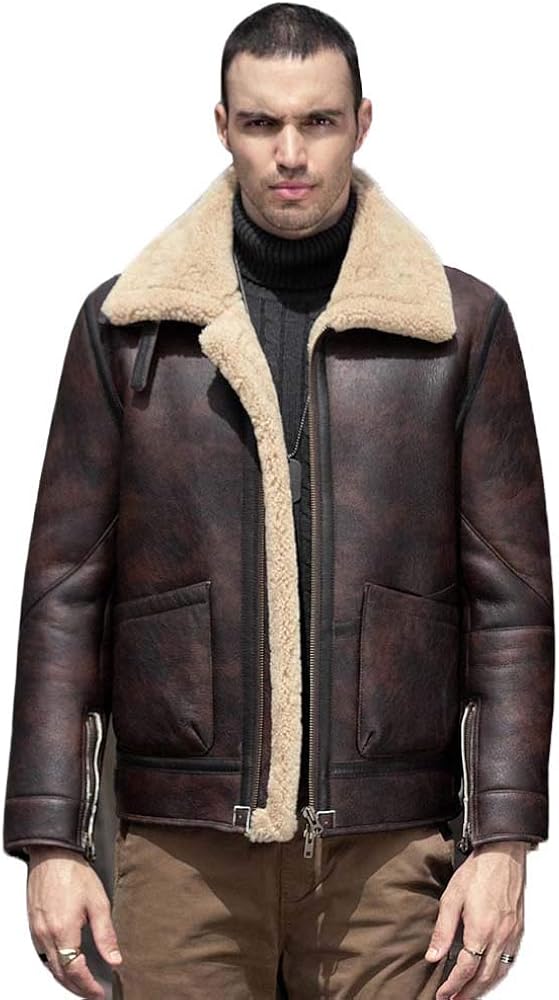 2020 New Mens Shearling Jacket Short Fur Coat Brown Flight Jacket