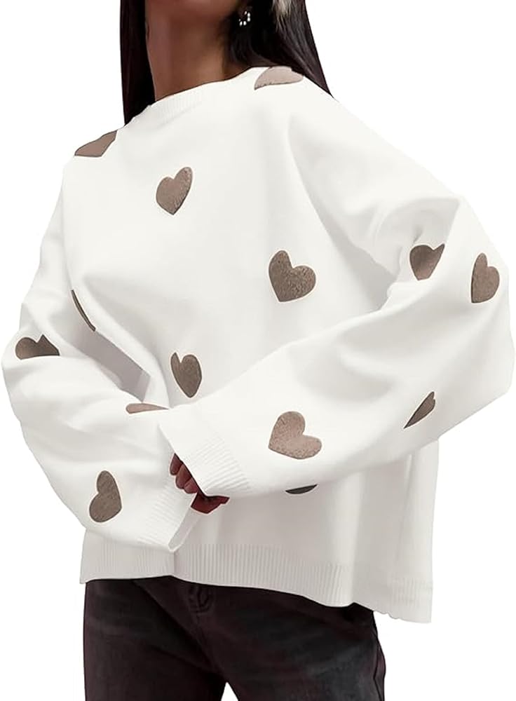 Women Cute Oversized Sweater Y2k Heart Print Long Sleeve Knit