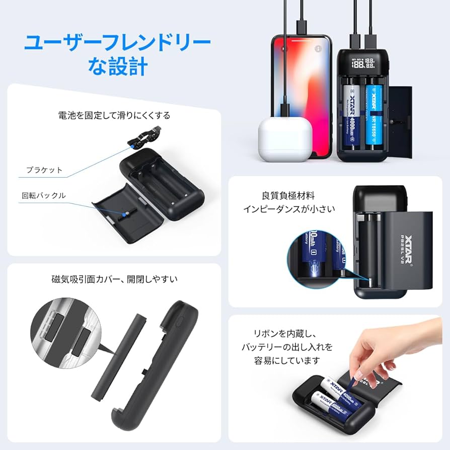 Amazon | XTAR PB2SL V2 最大2AX2 急速USB充電器 Li-ion充電池専用 QC3
