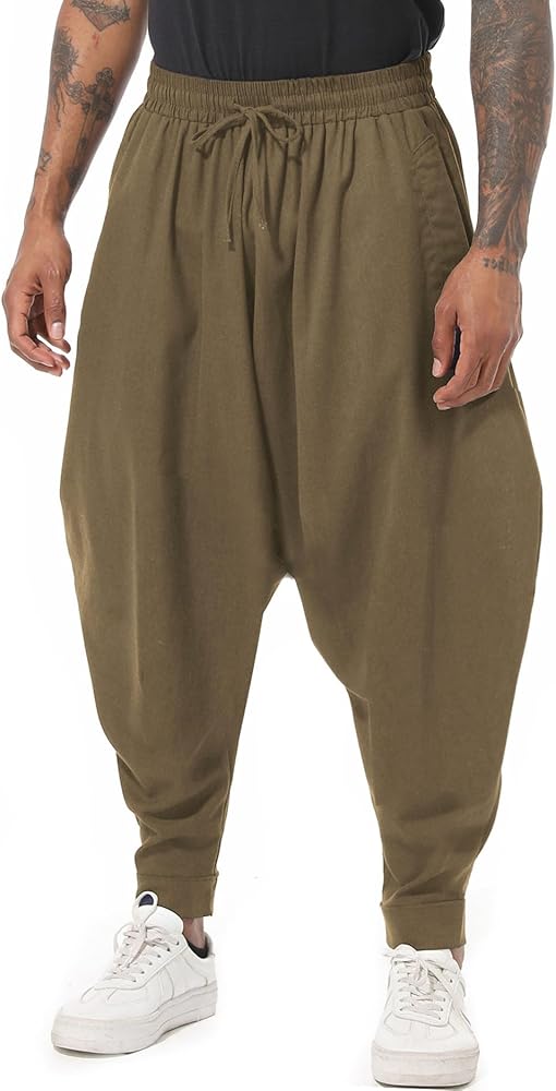 PACEIADTA Mens Casual Harem Pants Baggy Aladdin Hippie Elastic