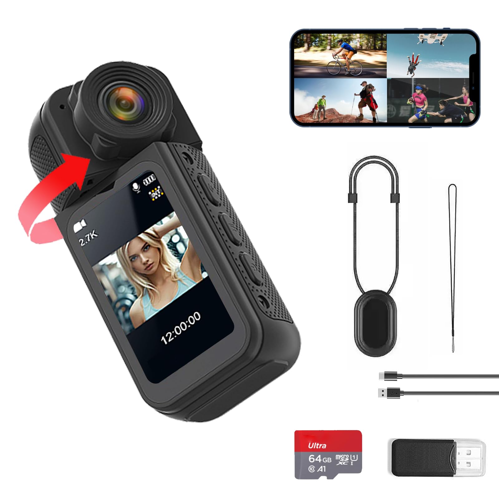 Amazon | CQH S70 2.7Kサムアクションカメラ、64GBミニボディカメラ