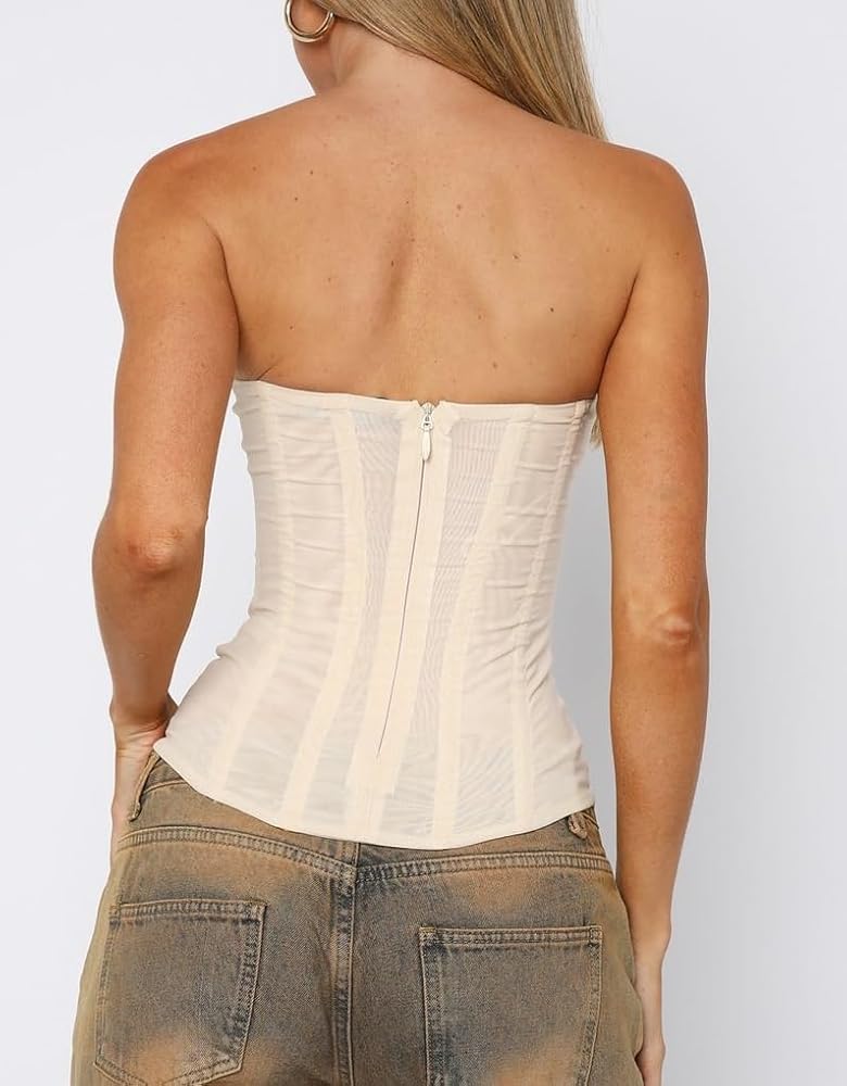Luckinbaby Women Y2k Strapless Bustier Corset Back Zip Mesh Boned
