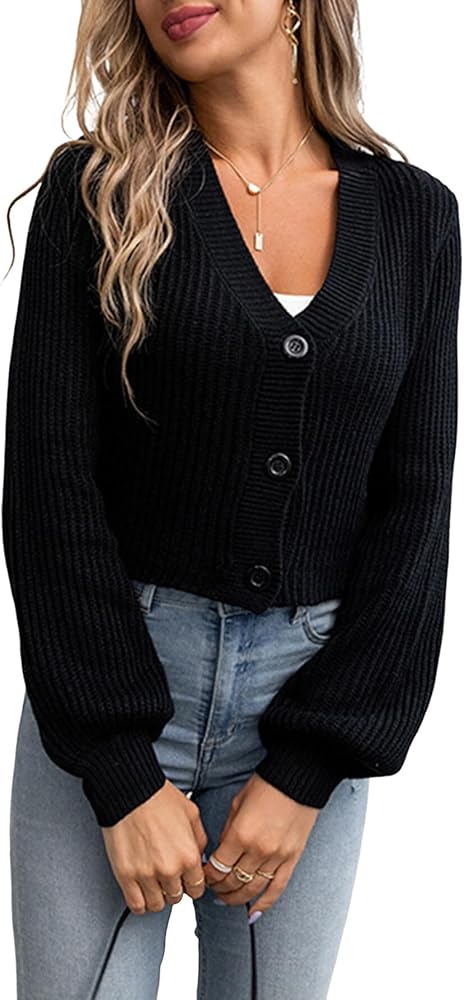 Amazon.com: Women's Lantern Sleeve Cardigan Timeless V-Neck Knit