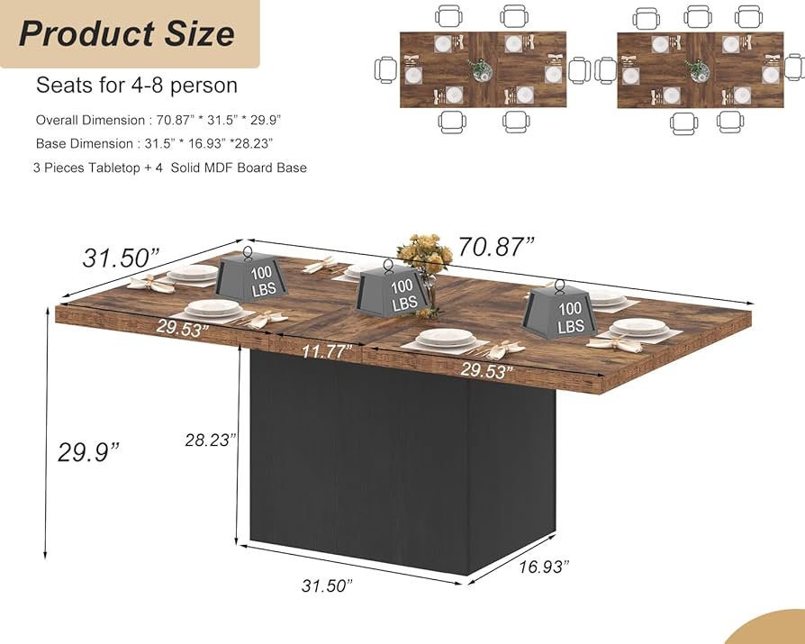 Amazon.com - HSH Dining Table for 6 to 8, 71” Wood Rectangular