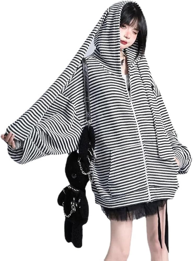 Y2K Bunny Ear Hoodie Harajuku Kawaii Striped Zip Up Hoodie Vintage