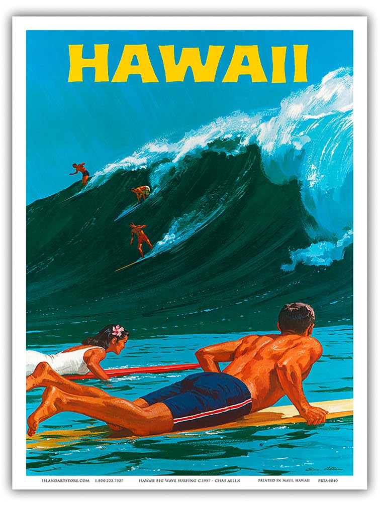 Amazon.com: Hawaii - Big Wave Surfing - Vintage Travel Poster by