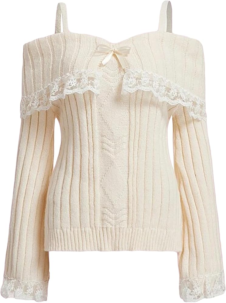 Women Y2K Off Shoulder Top Sweater Long Sleeve Lace Trim Knitted