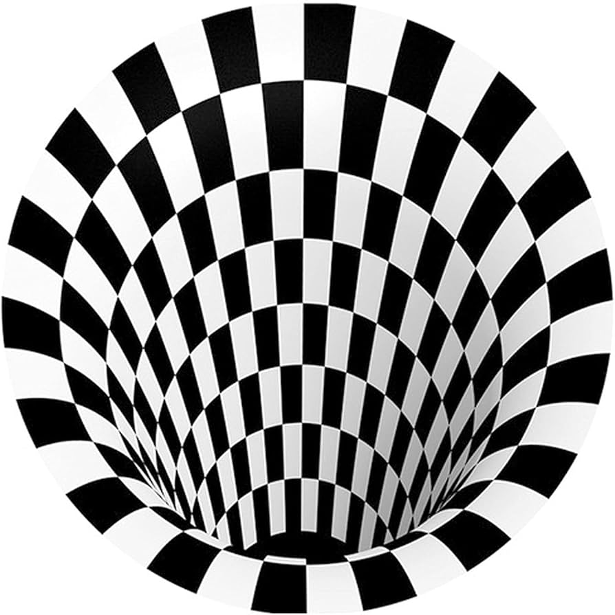 Amazon｜3D白黒ステレオビジョンカーペット、市松模様の渦の目の錯覚の