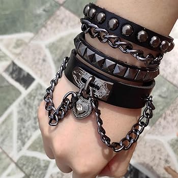 NIGHTCRUZ Punk Leather Chain Bracelet, Goth Leather Wristband with