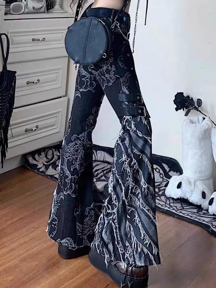 Xojbzoo Y2K Grunge Flare Leg Jeans - Punk Aesthetic Denim Pants