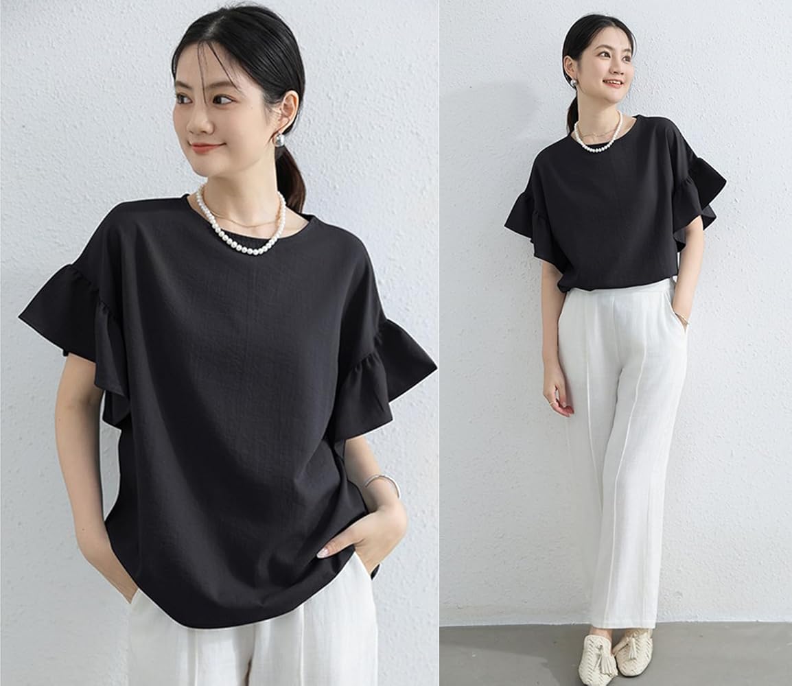 Amazon | [fourfivesixはる] ブラウス レディース フリル 半袖