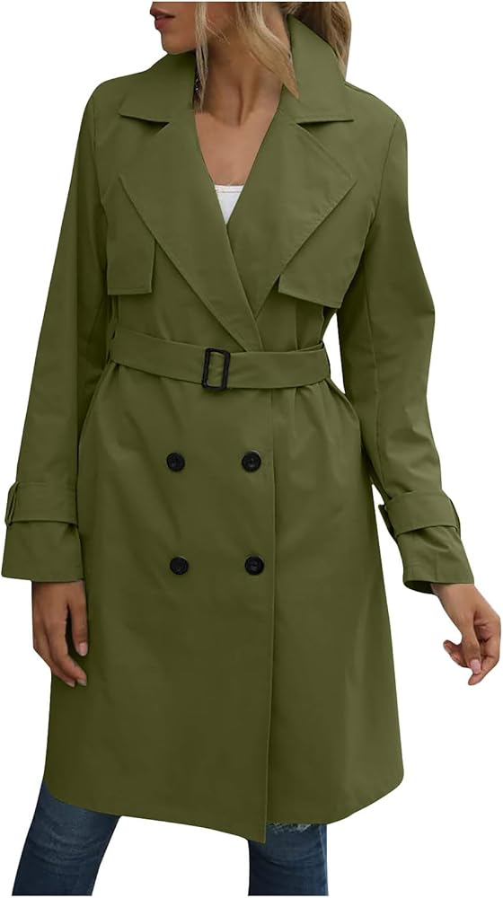 Womens Fashion Long Trench Jacket Double Breasted Lapel Long