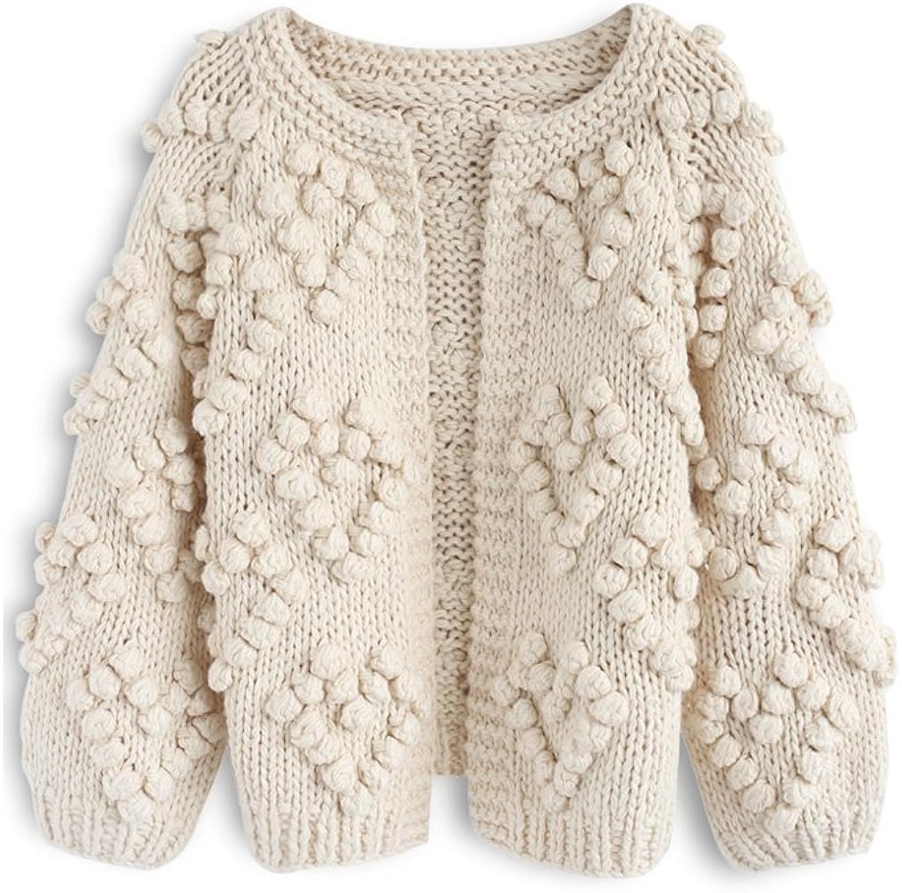 CHICWISH Women's Soft Heart Shape Balls Hand Knit Open Front Ivory