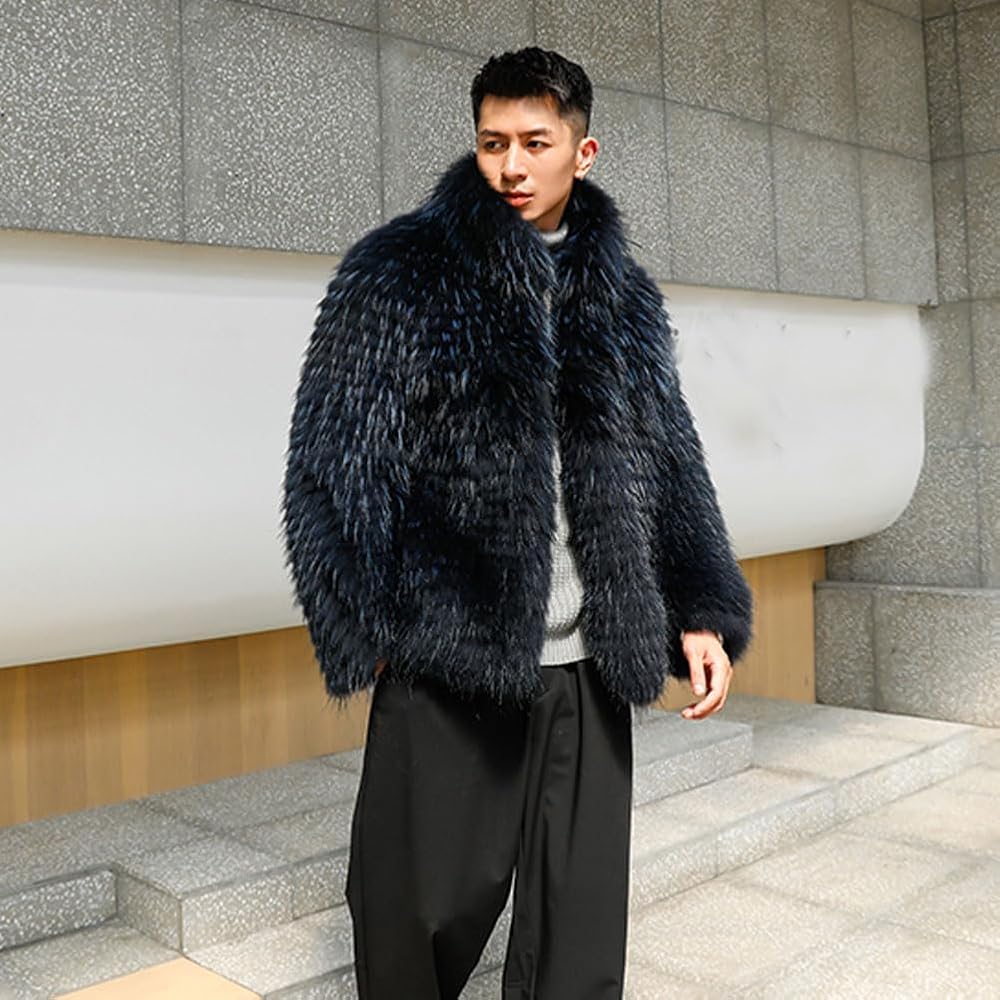 Denny&Dora Raccoon Fur Jacket Short Coat For Men Grey Blue Leather