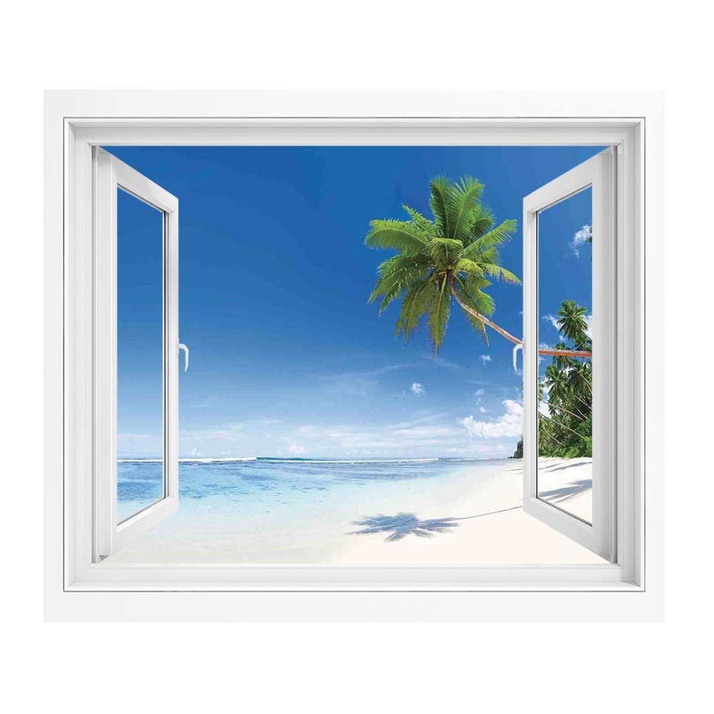 アクリル画 流木作品 海が見える窓 空と海とヤシの木の