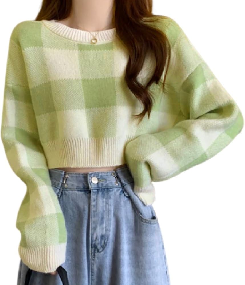 Amazon | [RREMN] ショート丈 ニット トップス 長袖 チェック 柄