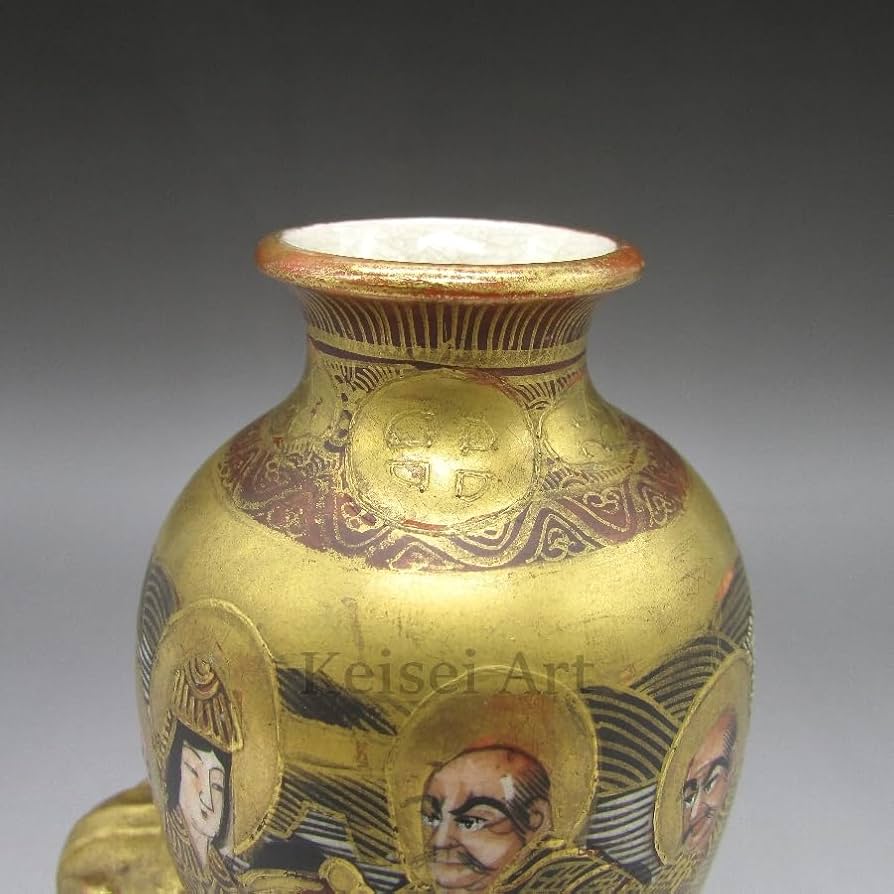 薩摩焼 古薩摩 保土田銘 金彩獅子耳大名武将図花瓶 飾壷 約42cm FM369