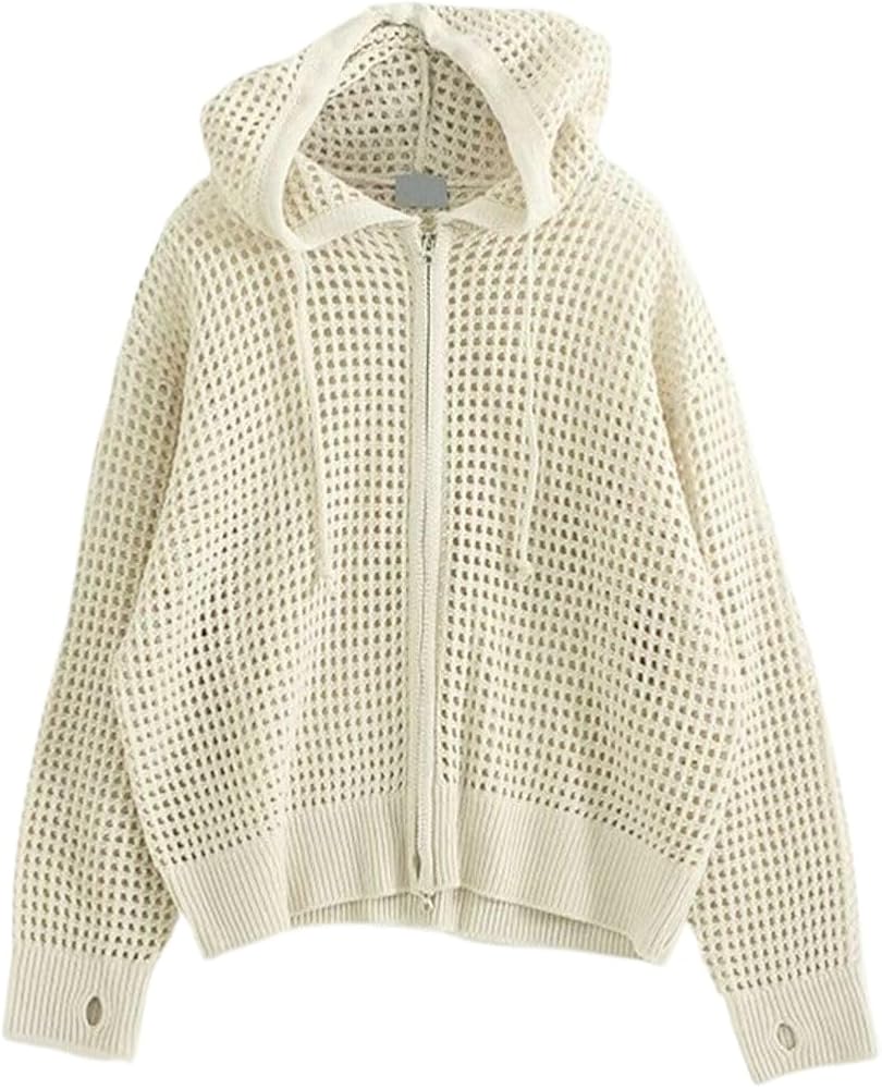 Women's Y2K Zip Up Knit Cardigan Sweater Hollow Out Knitwear