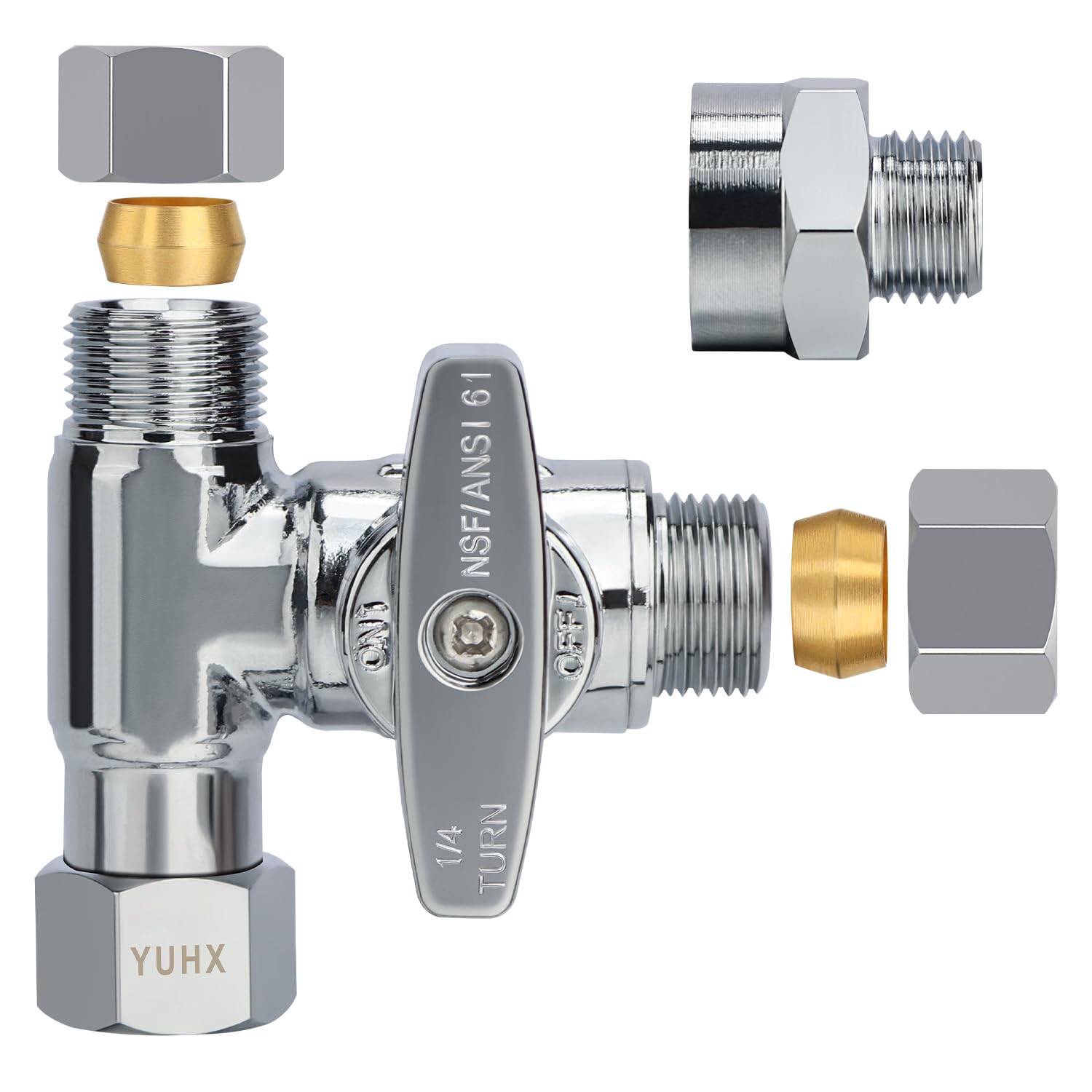 YUHX Brass Angle Stop Add-A-Tee Valve, 3/8 Inch Compression Outlet