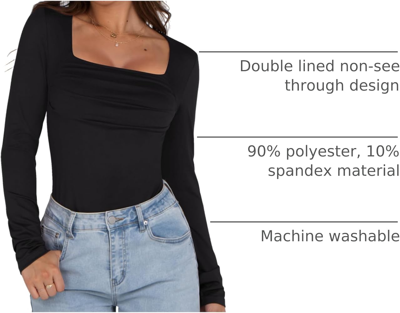 KEEPBEAUTY Womens Long Sleeve Shirts 2025 Sexy Ruched Square Neck