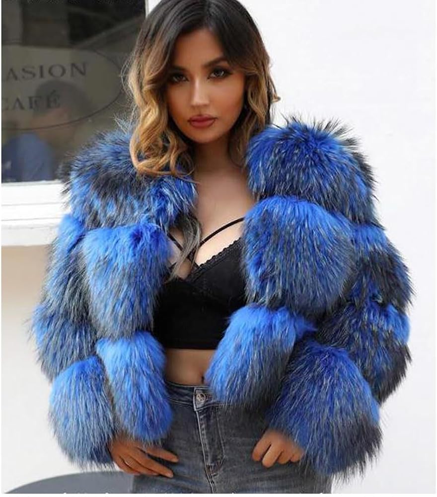 Denny & Dora Raccoon Fur Jacket Women's Fluffy Full Genuine Fur