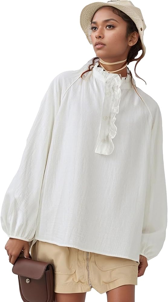 Womens White Ruffle Trim Muslin Blouse Long Raglan Balloon Sleeves
