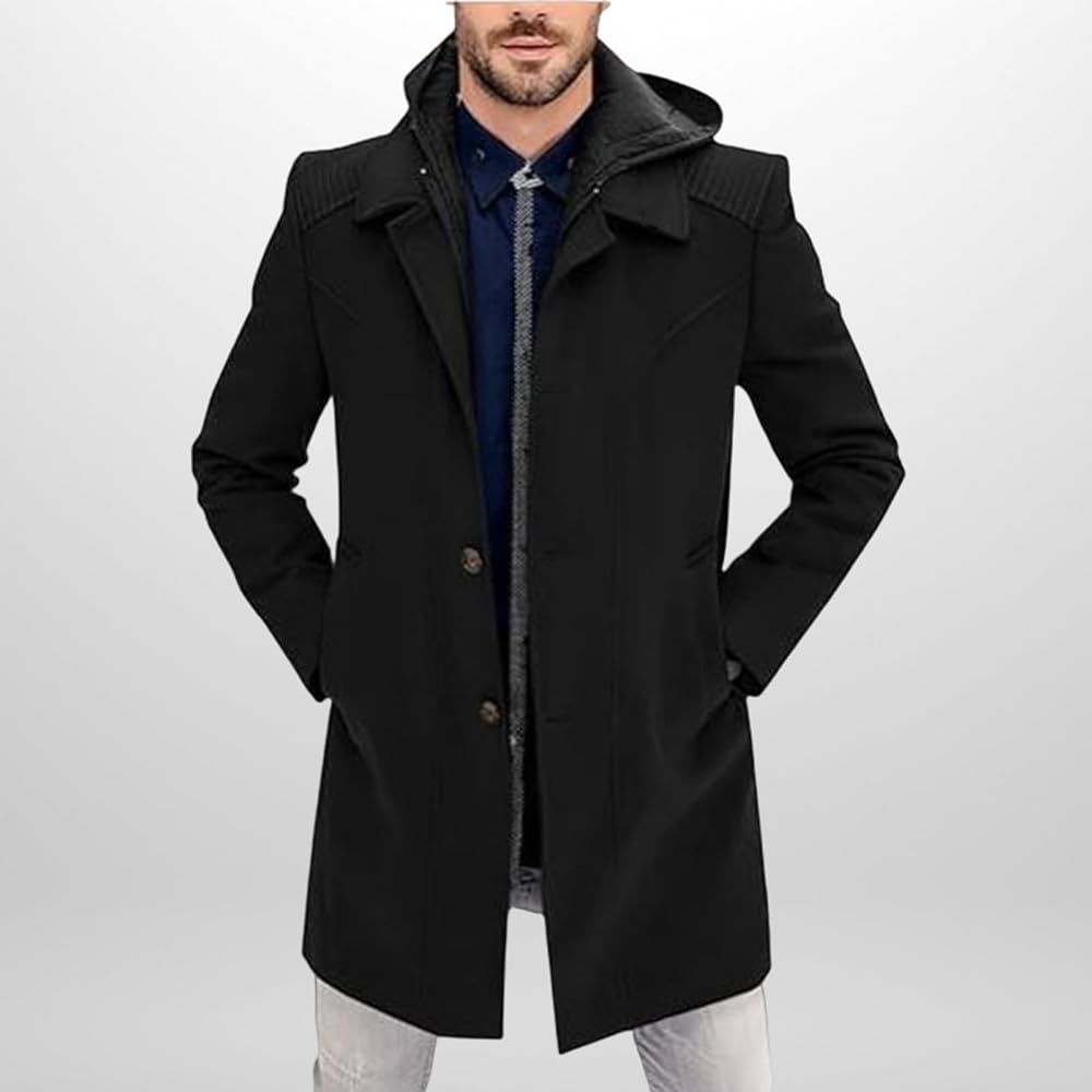 Wankang Men's Classic Pea Coat with Hood Wool Blend Trench Coat