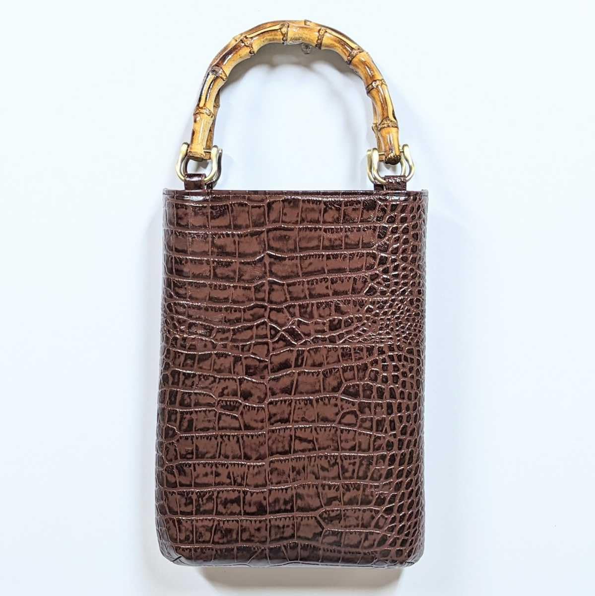 牛革クロコ型押しバンブー手提げ（小）黒 ◇神輿祭り竹手バッグ タケ