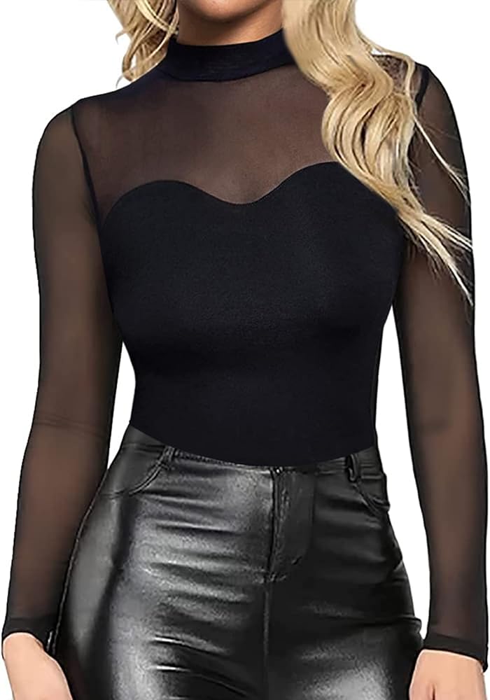Women's Mesh Long Sleeve Tops - Mock Neck Sheer See Through Tee