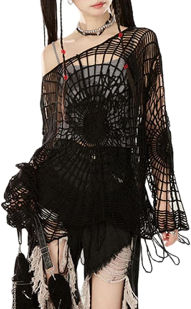 Amazon | [Lamerry] Y2K トップス ダメージニット メッシュ シアー