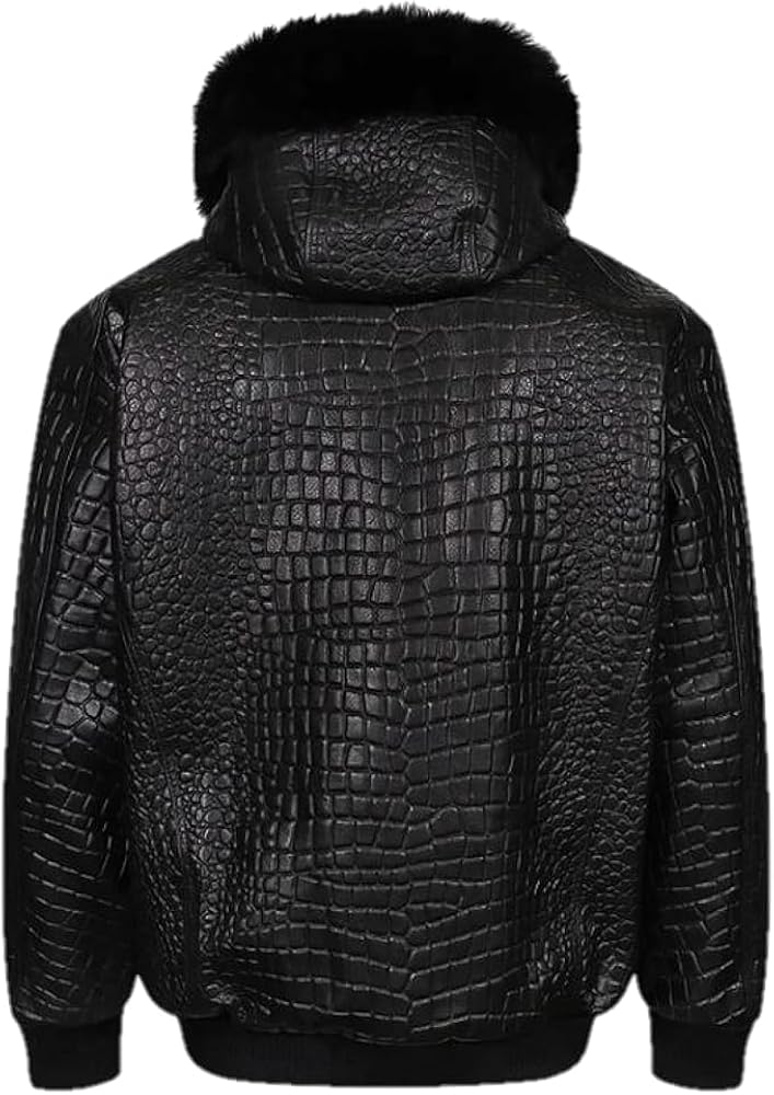 Men's Black Leather Jacket Crocodile Embossed Real Leather Hooded
