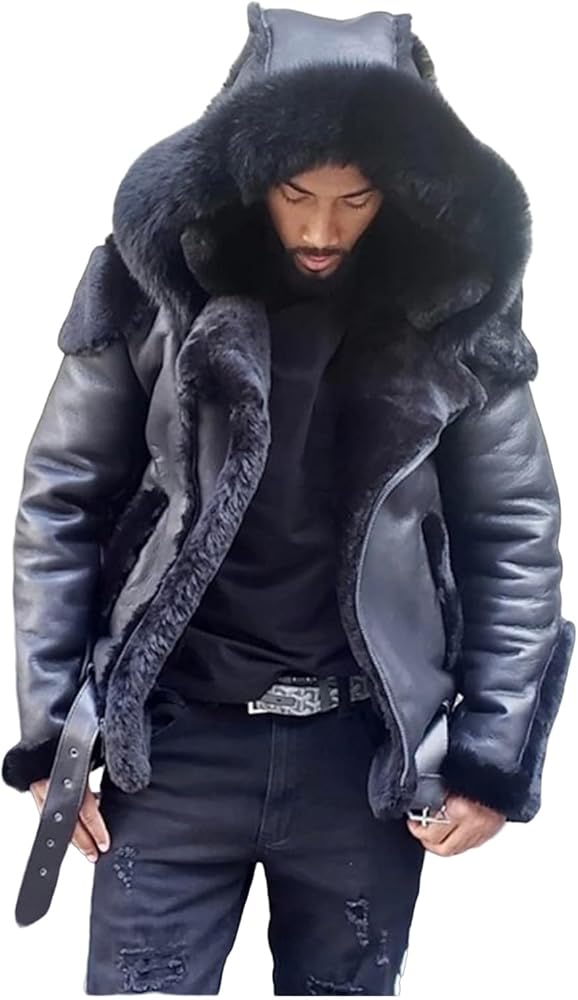 Hoodie for Men Suede Faux Fur Leather Jacket Sherpa Fleece Lined