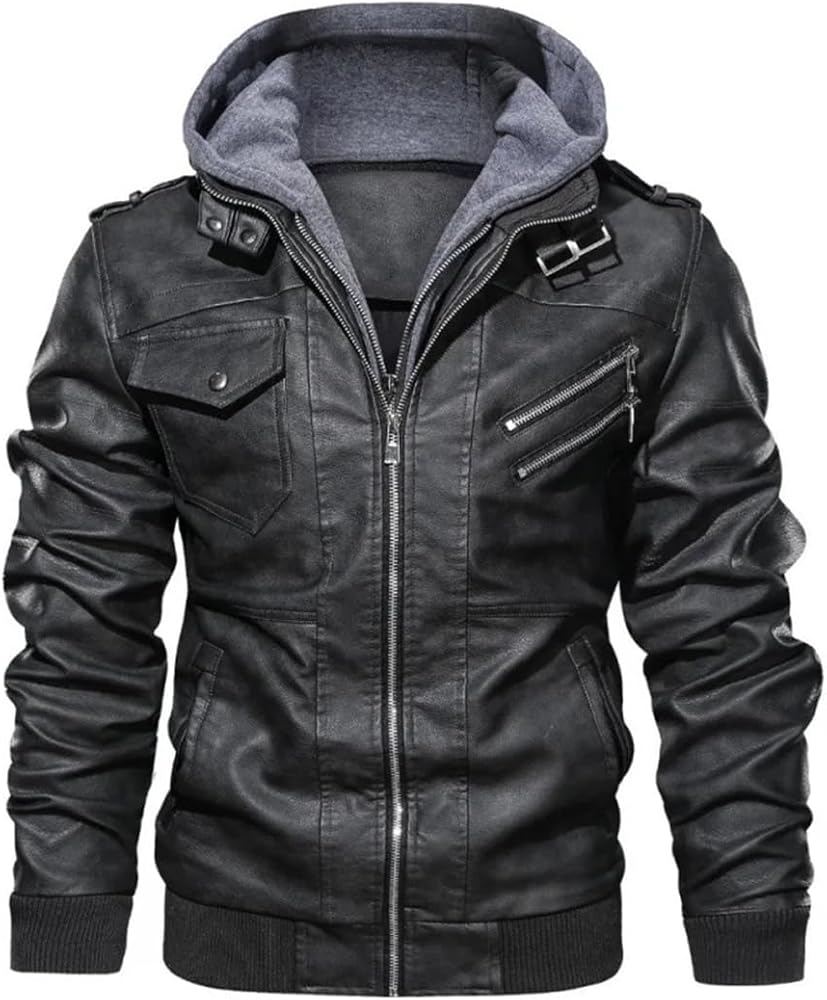 Leather Jacket Men's Double Zipper Hooded Biker Leather Jacket
