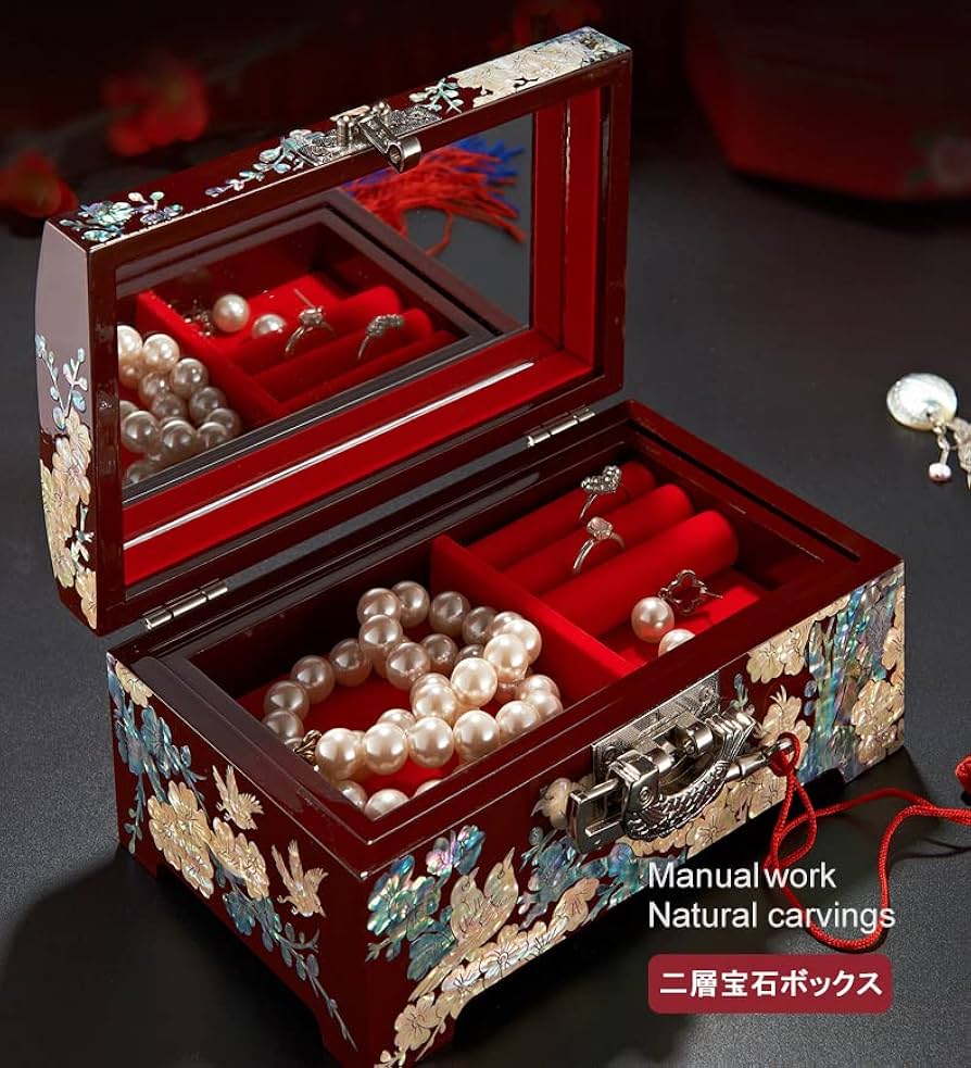 Amazon｜螺鈿漆器 螺鈿細工 ジュエリーボックス 二層宝石箱 花間の