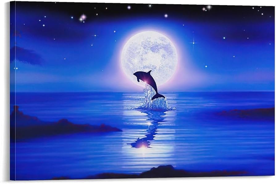 Amazon.co.jp: 青い海 クリスチャン・ラッセン 海の眺め イルカ 月光