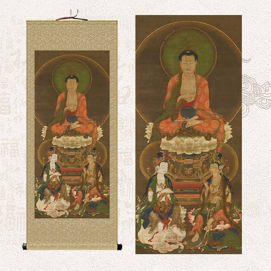 Amazon｜釈迦三尊【釈迦三尊：文殊菩薩・釈迦如来・普賢菩薩】掛け軸