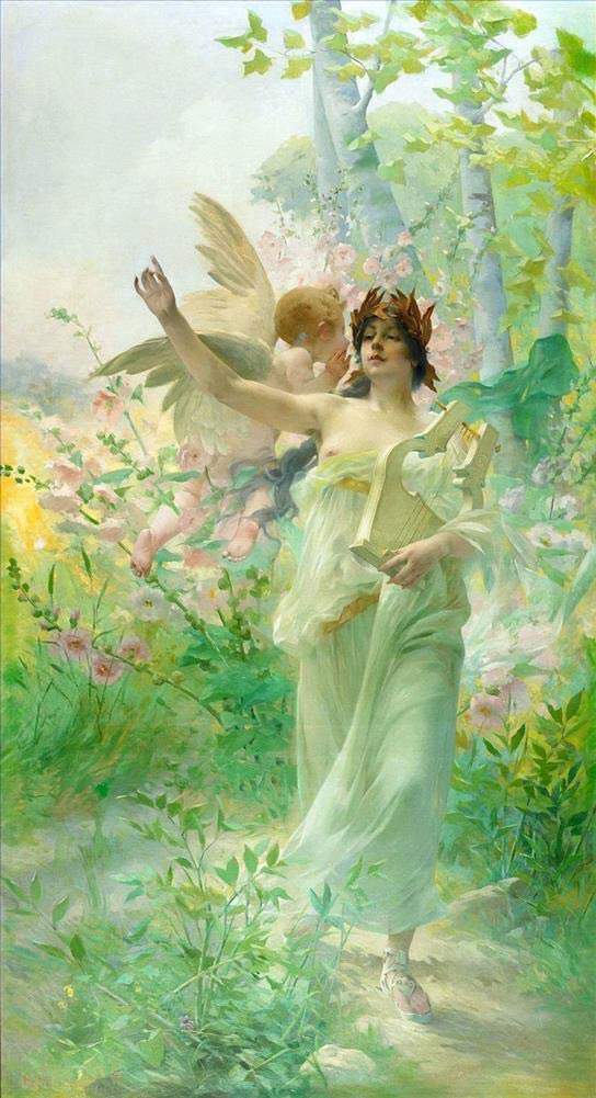 Amazon.co.jp: 絵画少女と天使ハンス ザツカ花のファンタジー風景の