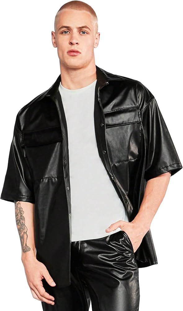 Amazon.com: WDIRARA Men's Pu Leather Flap Pocket Button Up Drop